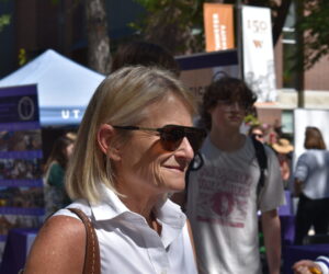 President Beth Dobkin smiling at the Student Wellness Fair in Richer Commons.